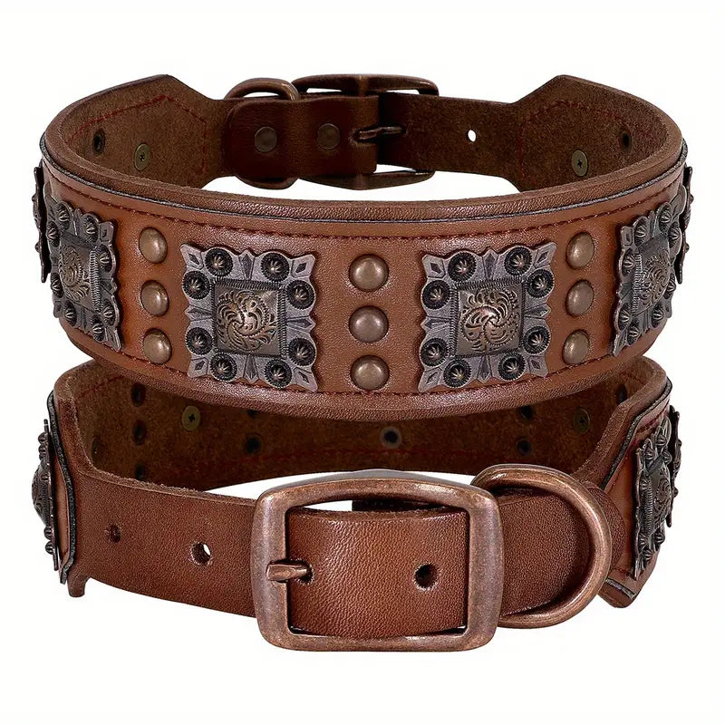 Coleira para Cães de Couro com Enfeites Quadrados (Light Brown - XL)