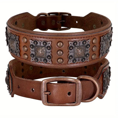 Coleira para Cães de Couro com Enfeites Quadrados (Light Brown - XL)